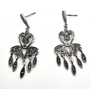 Marcasite flower long drop dangle vintage sterling silver earrings