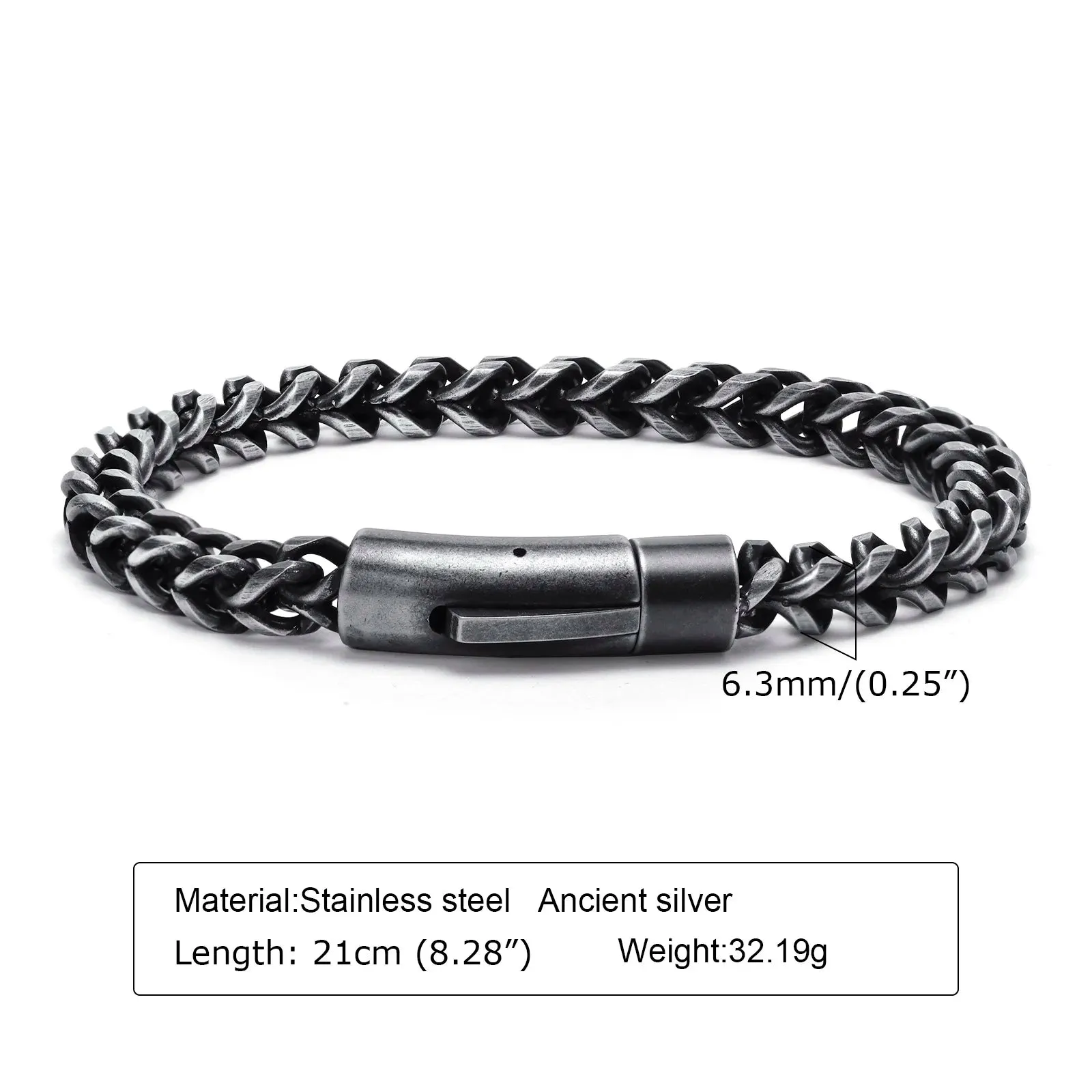 Men's Antique Silver Color  Franco Chain Bracelet