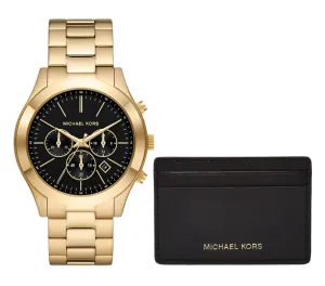 Michael Kors Slim Runway Chronograph Gents Gold-Tone Stainless Steel Watch and Slim Card Case Set
