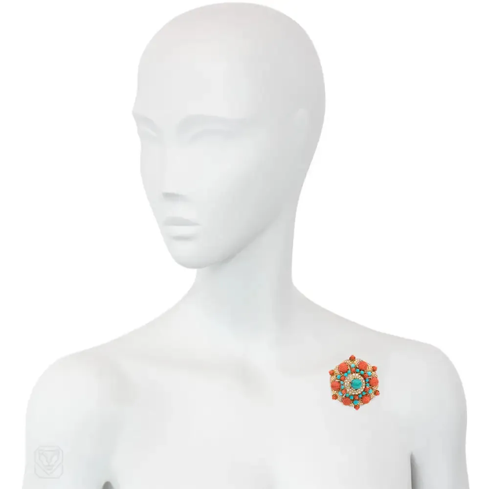 Mid-century coral, turquoise, and diamond bombé florette brooch