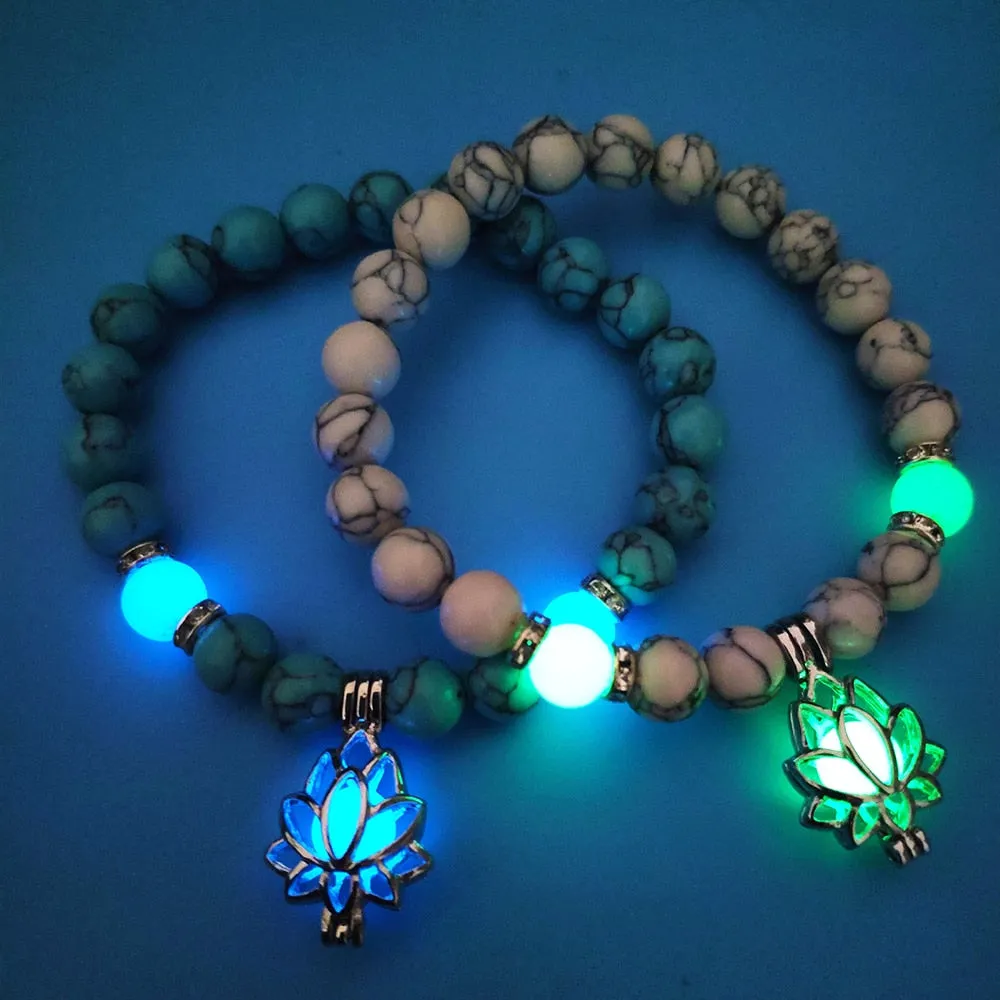 Natural Stones Luminous Glowing In The Dark Lotus Flower Shaped Charm Bracelet Different Colors Jewelry