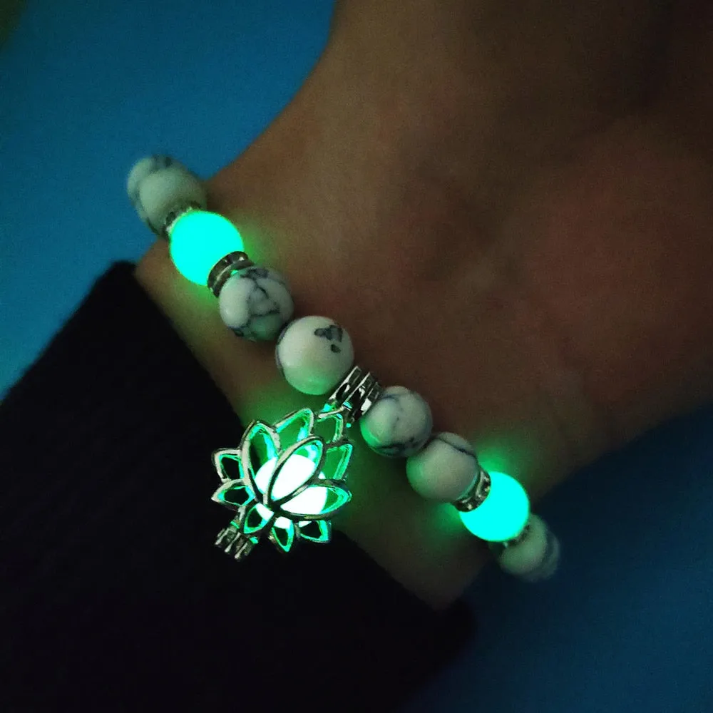 Natural Stones Luminous Glowing In The Dark Lotus Flower Shaped Charm Bracelet Different Colors Jewelry
