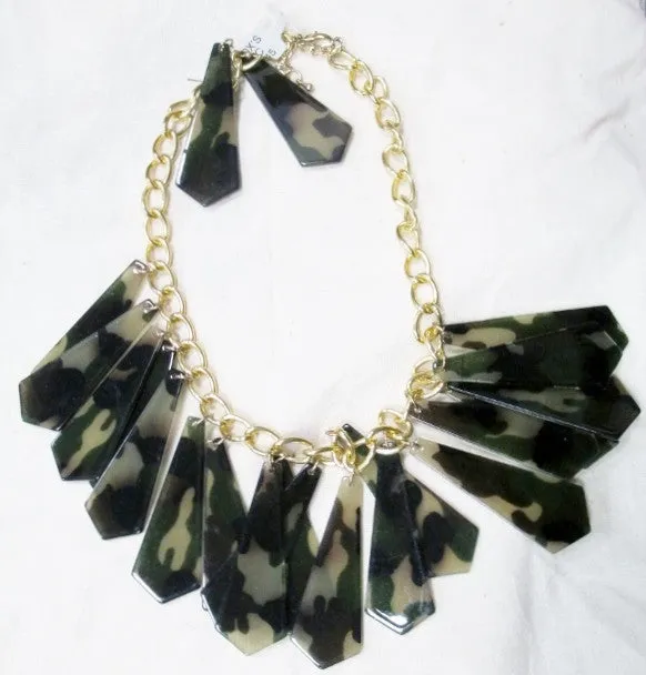 NEW Chunky Bib CAMO Dangle Necklace Collar Choker Red Carpet Earring Set URBAN STYLE