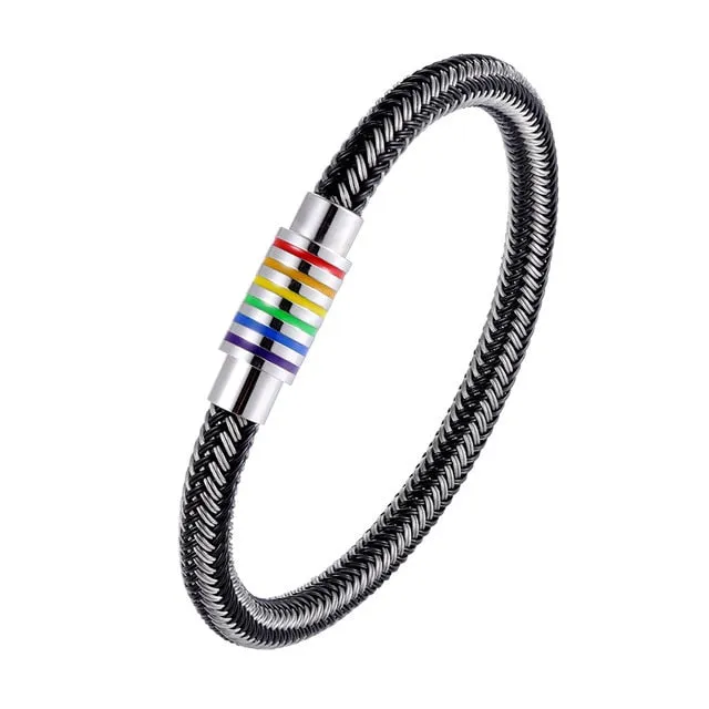 NEW Punk Black and white Braided Steel wire Bracelet Magnetic Buckle Simple Style Fashion Wristband Men Stainless steel bracelet