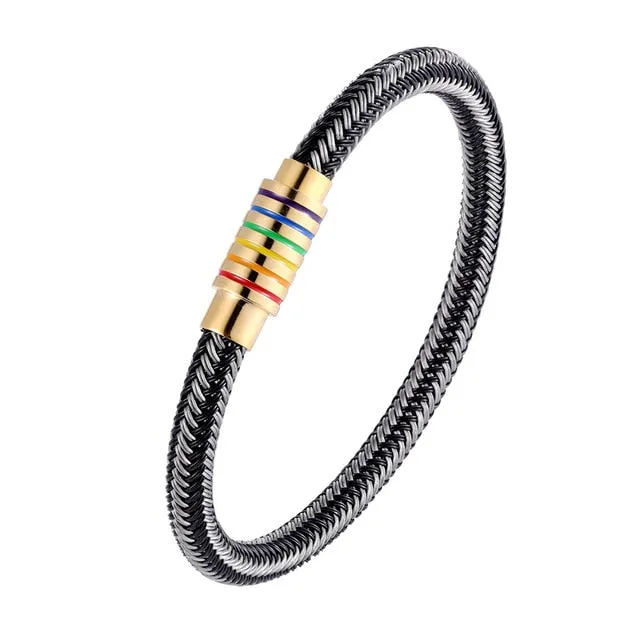 NEW Punk Black and white Braided Steel wire Bracelet Magnetic Buckle Simple Style Fashion Wristband Men Stainless steel bracelet