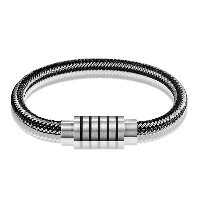 NEW Punk Black and white Braided Steel wire Bracelet Magnetic Buckle Simple Style Fashion Wristband Men Stainless steel bracelet