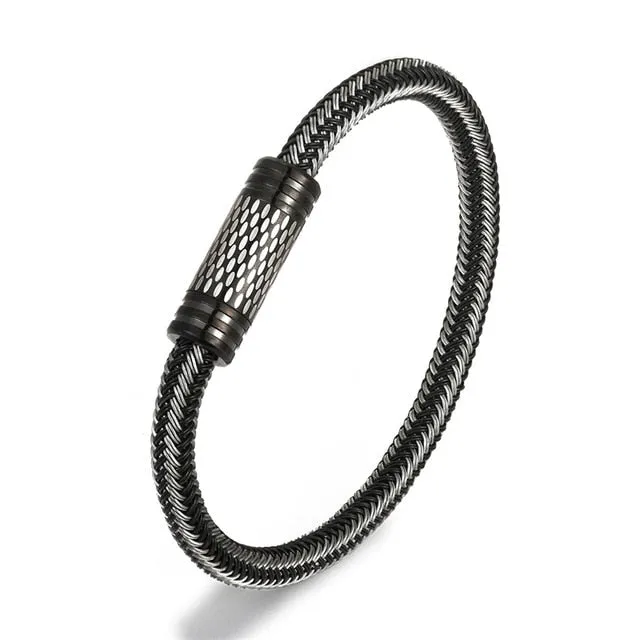 NEW Punk Black and white Braided Steel wire Bracelet Magnetic Buckle Simple Style Fashion Wristband Men Stainless steel bracelet