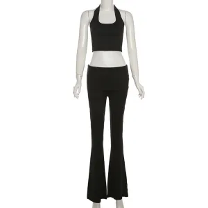 New Sporty and Casual Daily Women's Wear Set: Sexy Crop-top Halter Vest and Comfortable Slim-fit High-waisted Flared Trousers C-240710-3