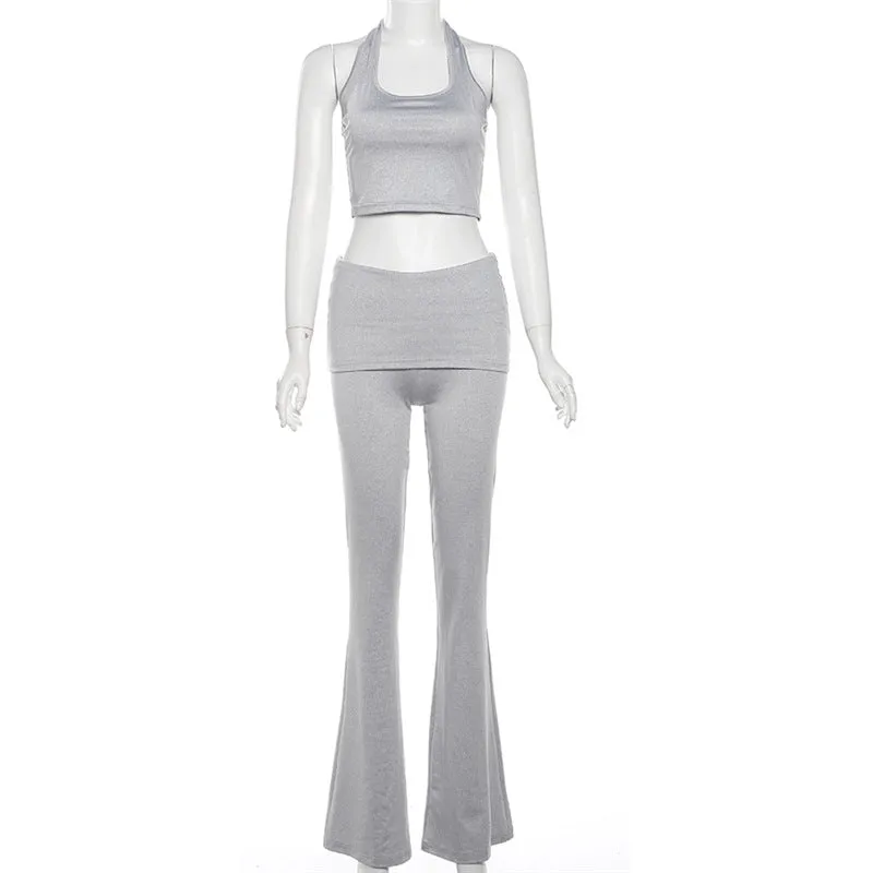 New Sporty and Casual Daily Women's Wear Set: Sexy Crop-top Halter Vest and Comfortable Slim-fit High-waisted Flared Trousers C-240710-3