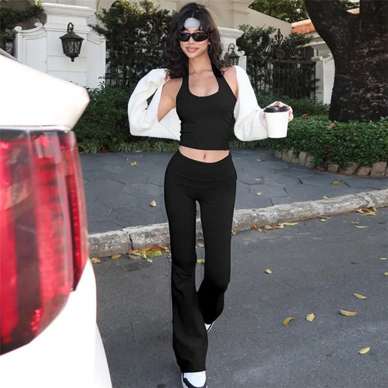 New Sporty and Casual Daily Women's Wear Set: Sexy Crop-top Halter Vest and Comfortable Slim-fit High-waisted Flared Trousers C-240710-3