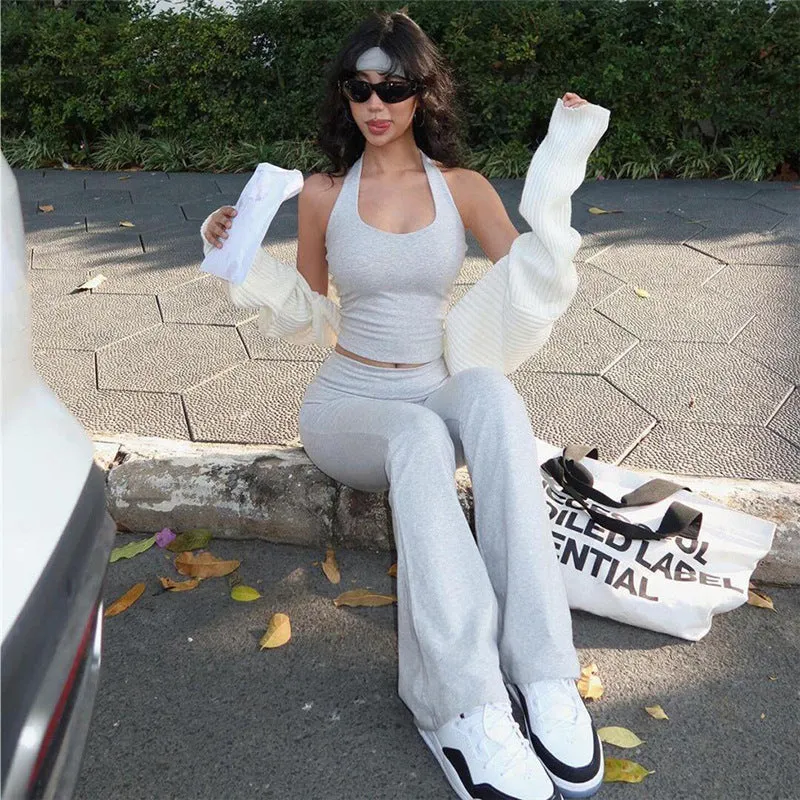 New Sporty and Casual Daily Women's Wear Set: Sexy Crop-top Halter Vest and Comfortable Slim-fit High-waisted Flared Trousers C-240710-3