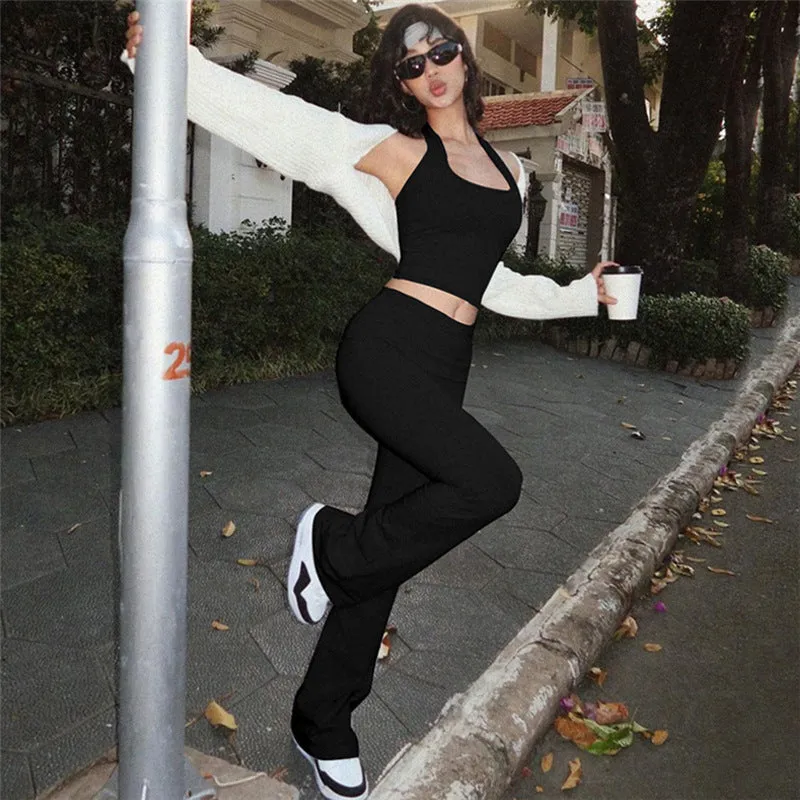 New Sporty and Casual Daily Women's Wear Set: Sexy Crop-top Halter Vest and Comfortable Slim-fit High-waisted Flared Trousers C-240710-3