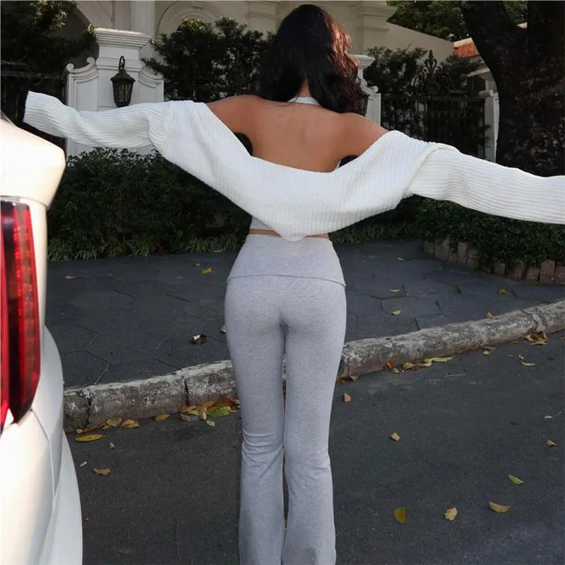 New Sporty and Casual Daily Women's Wear Set: Sexy Crop-top Halter Vest and Comfortable Slim-fit High-waisted Flared Trousers C-240710-3