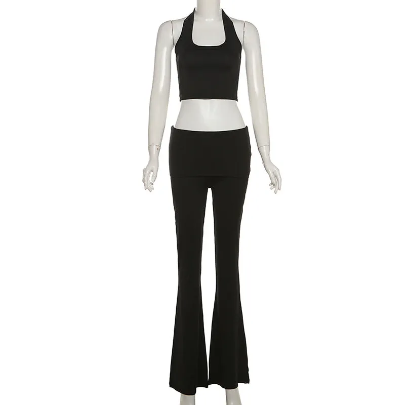 New Sporty and Casual Daily Women's Wear Set: Sexy Crop-top Halter Vest and Comfortable Slim-fit High-waisted Flared Trousers C-240710-3