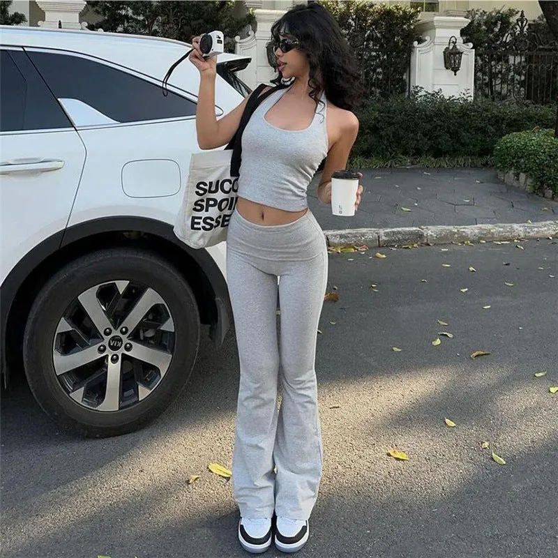 New Sporty and Casual Daily Women's Wear Set: Sexy Crop-top Halter Vest and Comfortable Slim-fit High-waisted Flared Trousers C-240710-3