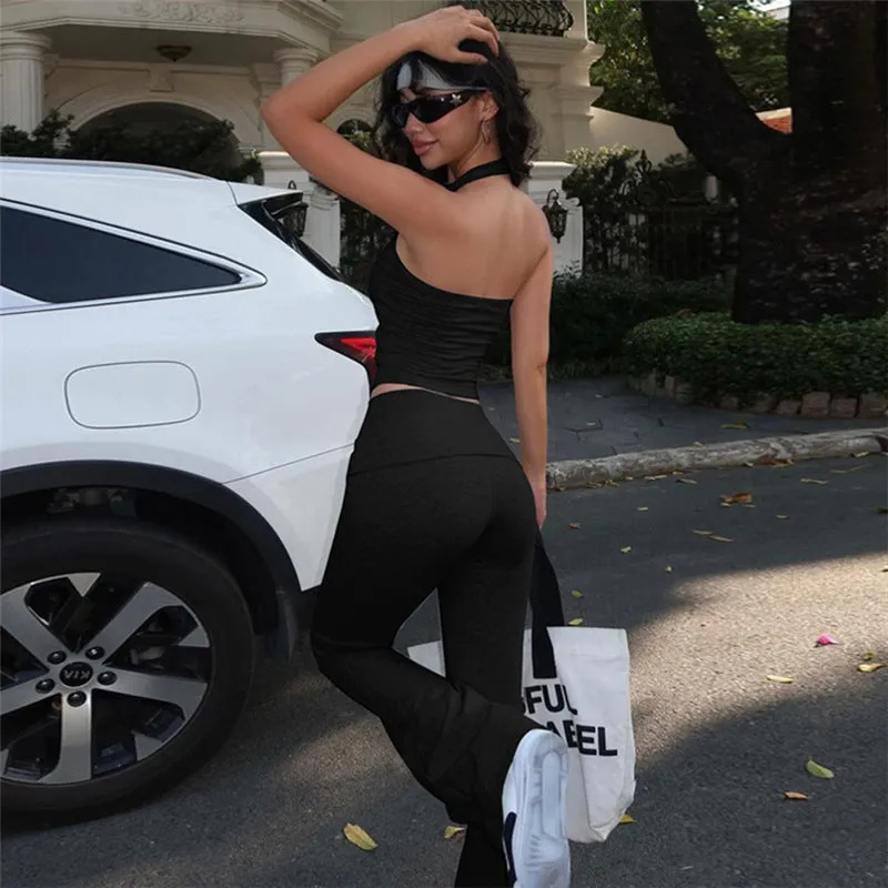 New Sporty and Casual Daily Women's Wear Set: Sexy Crop-top Halter Vest and Comfortable Slim-fit High-waisted Flared Trousers C-240710-3