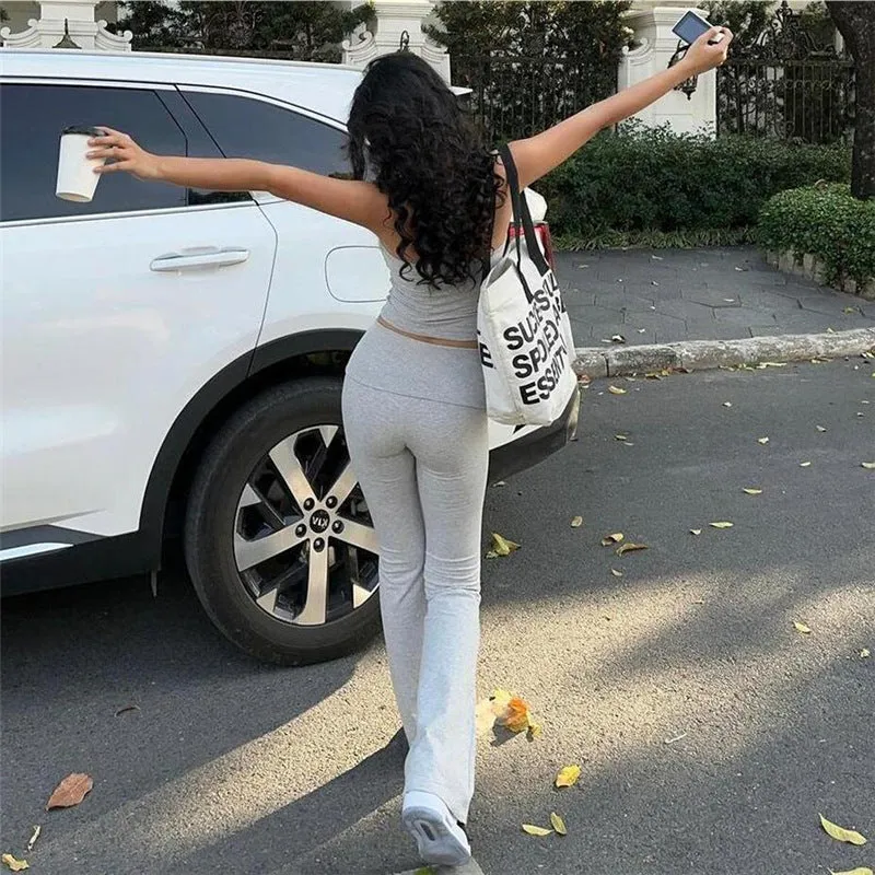 New Sporty and Casual Daily Women's Wear Set: Sexy Crop-top Halter Vest and Comfortable Slim-fit High-waisted Flared Trousers C-240710-3