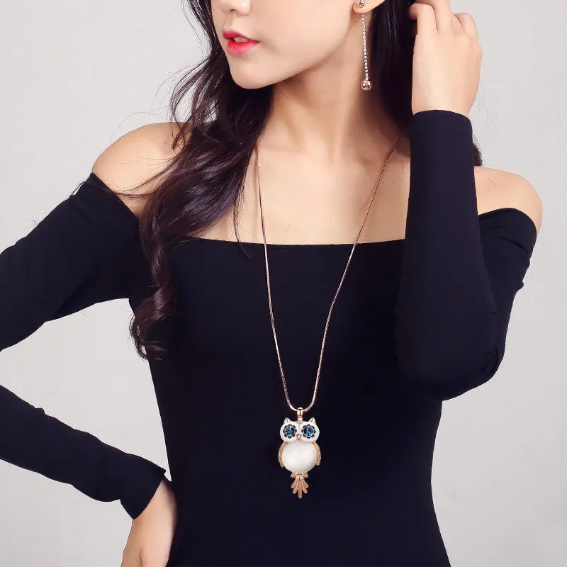 New Trendy Chubby Owl Necklace Fashion Rhinestone Crystal Jewelry Statement Women Necklace Chain Long Necklaces & Pendants