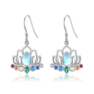 ONEFINITY Chakra Lotus Earrings 925 Sterling Silver Chakra Lotus Dangle Drop Earrings Moonstone Yoga Jewelry for Women
