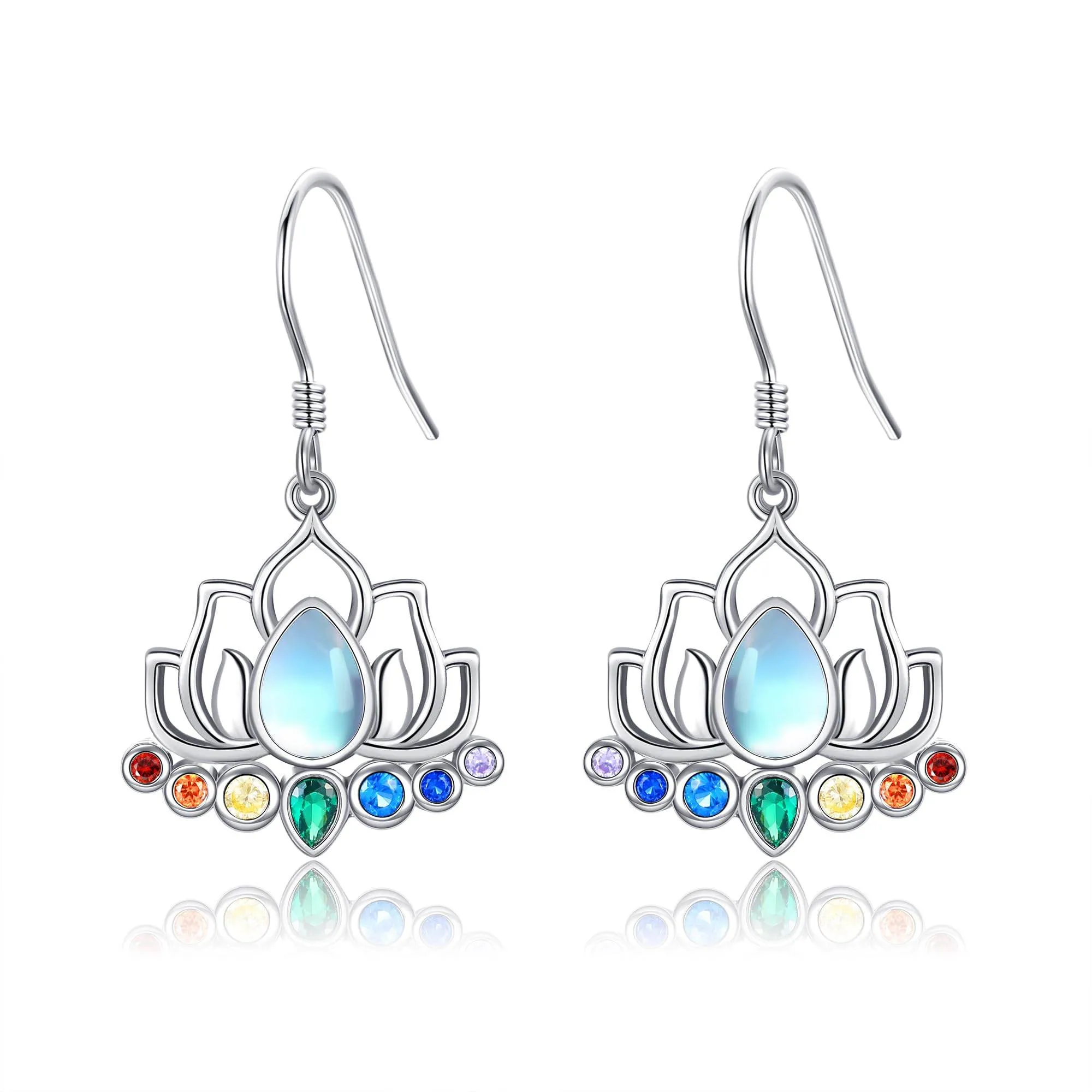 ONEFINITY Chakra Lotus Earrings 925 Sterling Silver Chakra Lotus Dangle Drop Earrings Moonstone Yoga Jewelry for Women