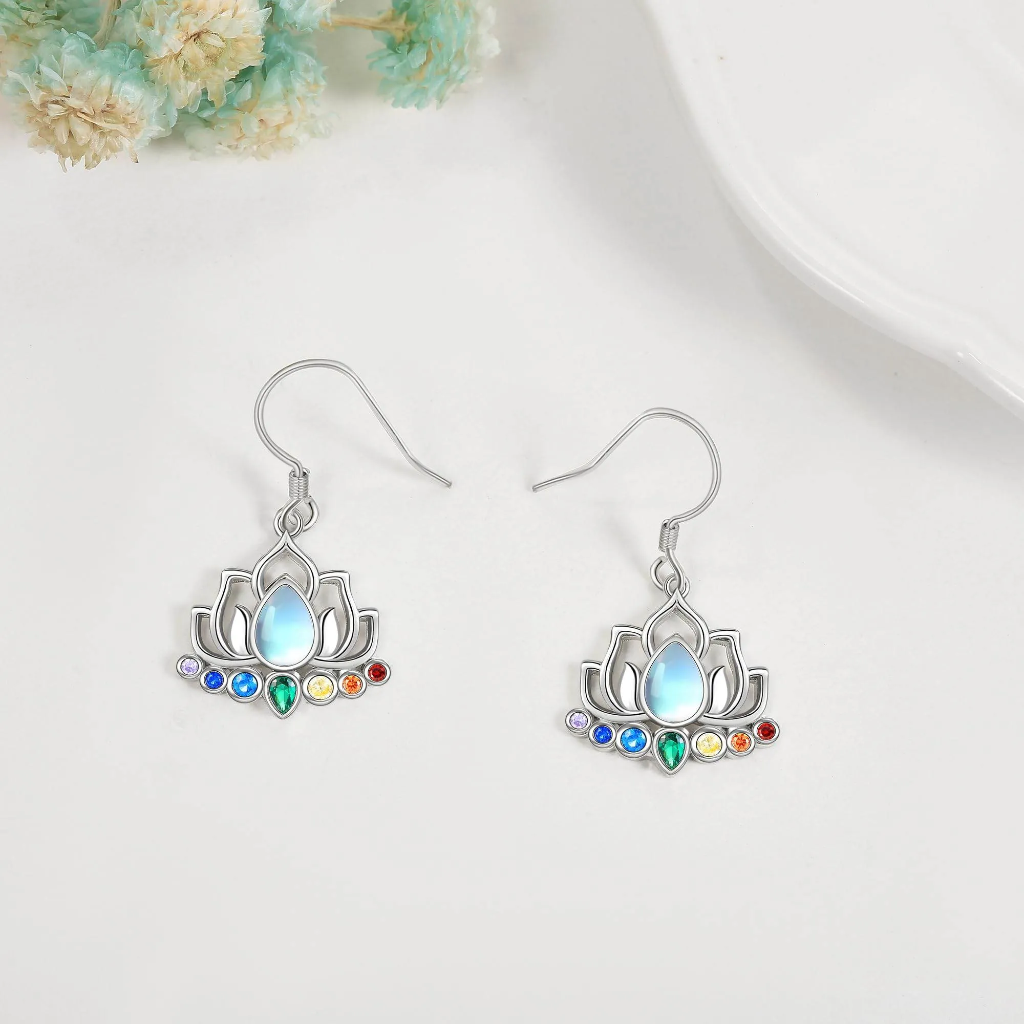 ONEFINITY Chakra Lotus Earrings 925 Sterling Silver Chakra Lotus Dangle Drop Earrings Moonstone Yoga Jewelry for Women