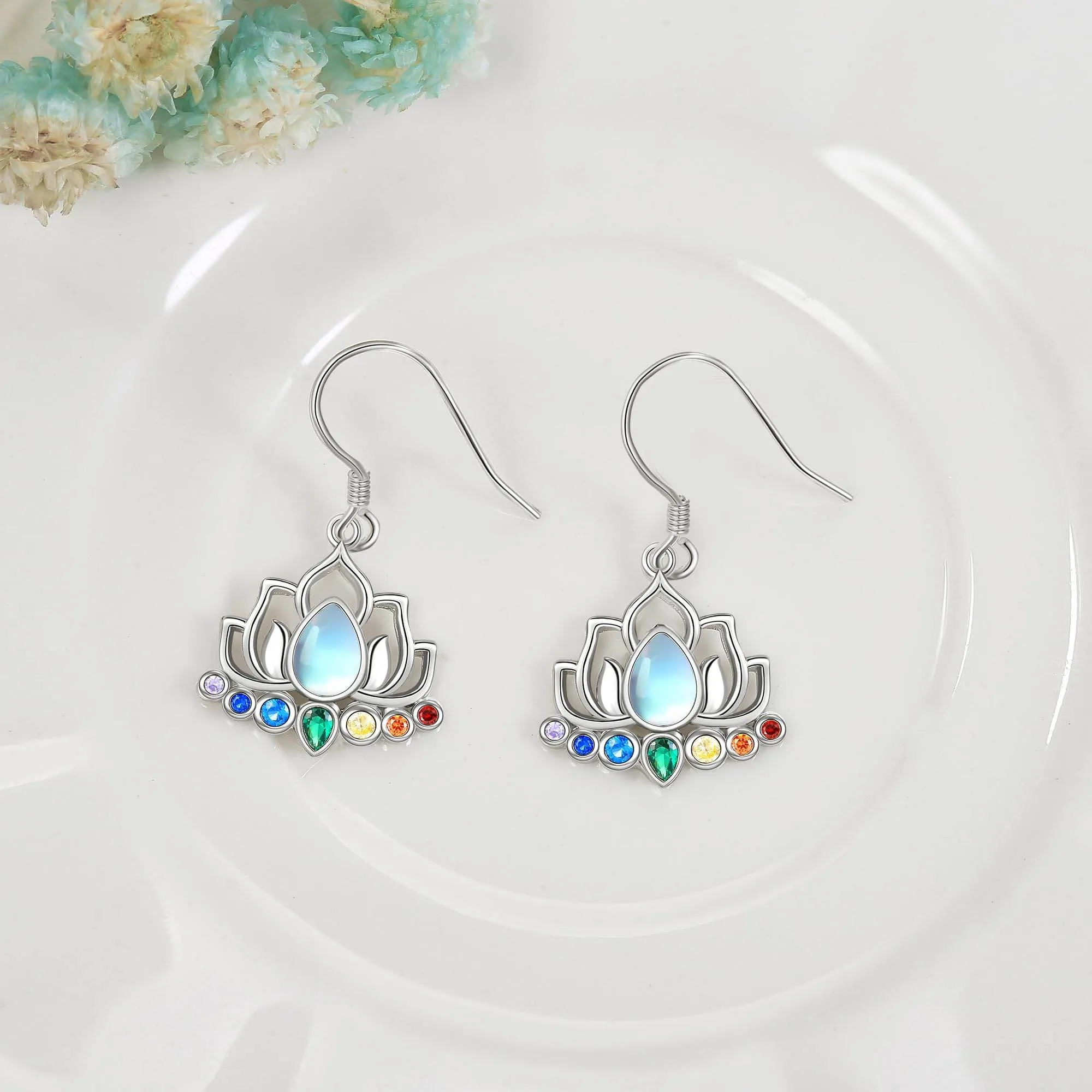 ONEFINITY Chakra Lotus Earrings 925 Sterling Silver Chakra Lotus Dangle Drop Earrings Moonstone Yoga Jewelry for Women