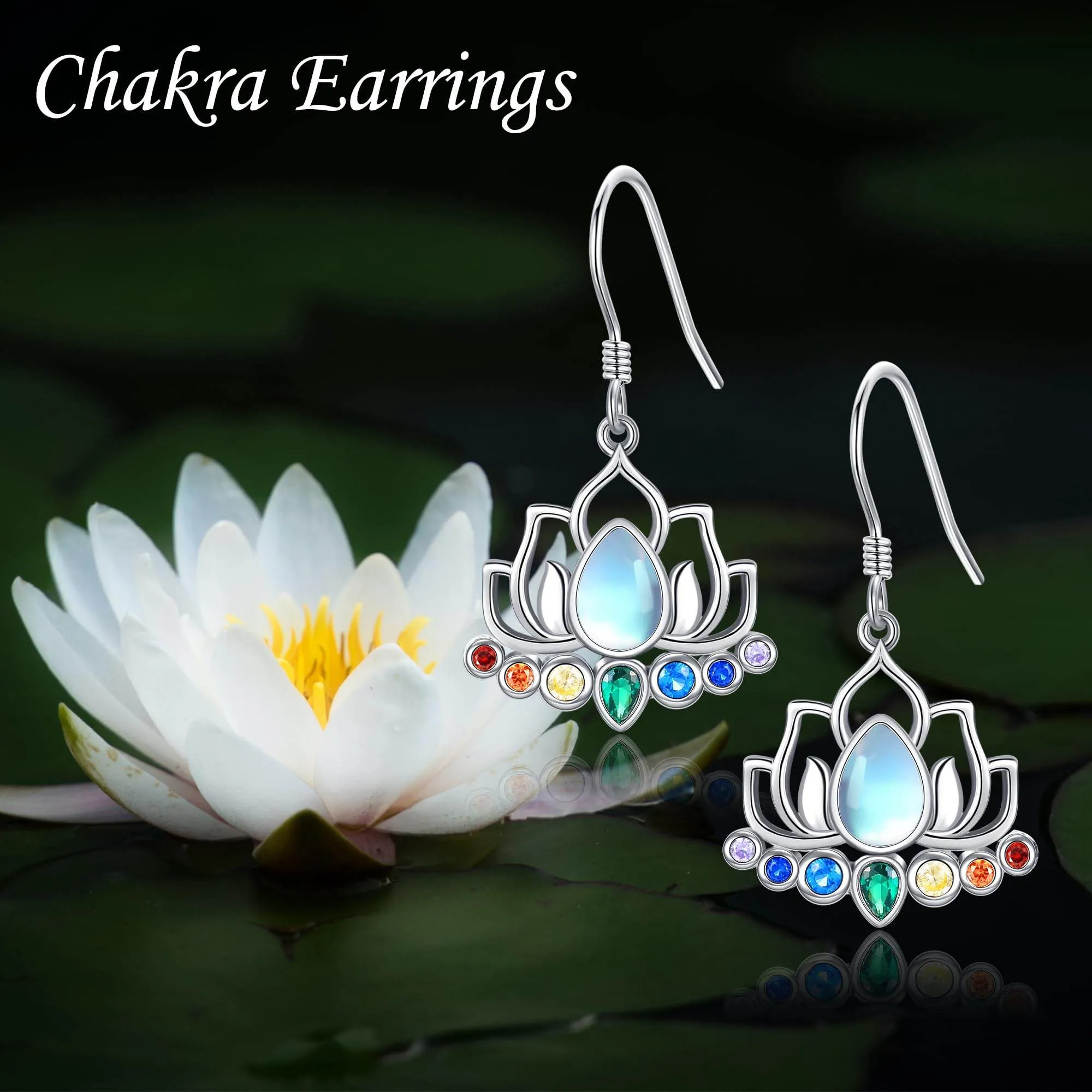 ONEFINITY Chakra Lotus Earrings 925 Sterling Silver Chakra Lotus Dangle Drop Earrings Moonstone Yoga Jewelry for Women