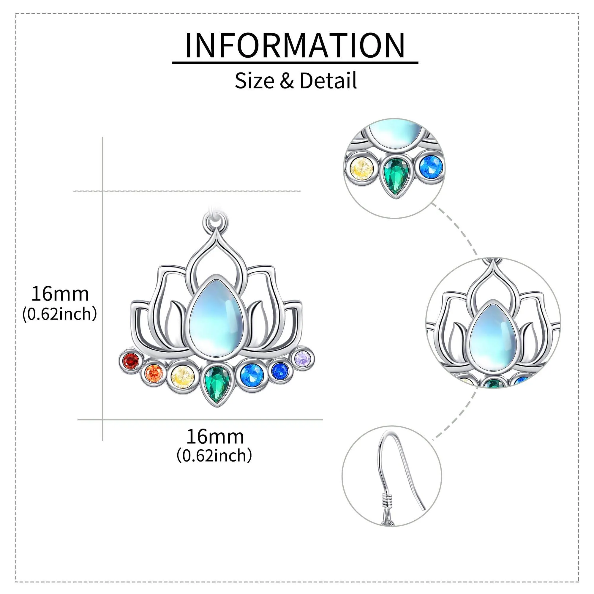 ONEFINITY Chakra Lotus Earrings 925 Sterling Silver Chakra Lotus Dangle Drop Earrings Moonstone Yoga Jewelry for Women