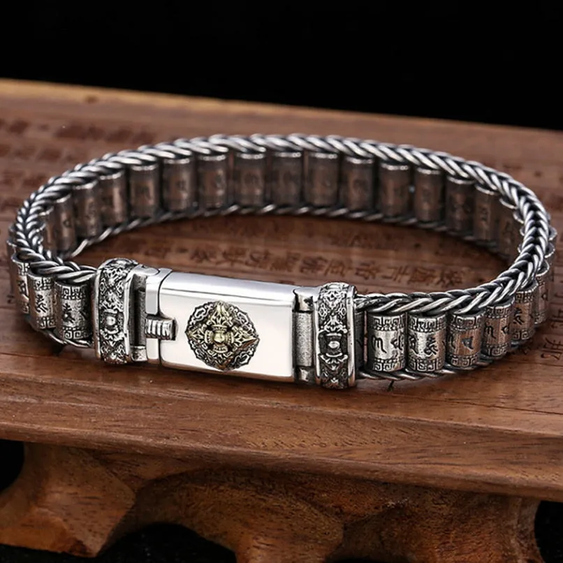 Original S925 Sterling Silver Vintage Six-character Tumbler Bracelet Men Women Thai silver Retro Exquisite Bucket Beads Bracelet Jewelry