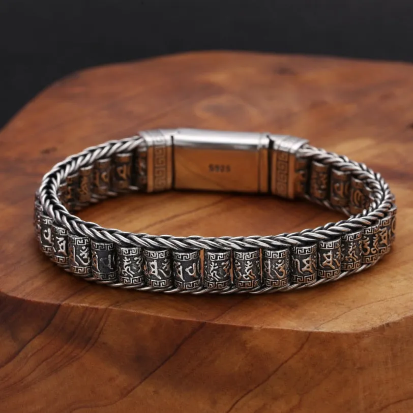 Original S925 Sterling Silver Vintage Six-character Tumbler Bracelet Men Women Thai silver Retro Exquisite Bucket Beads Bracelet Jewelry