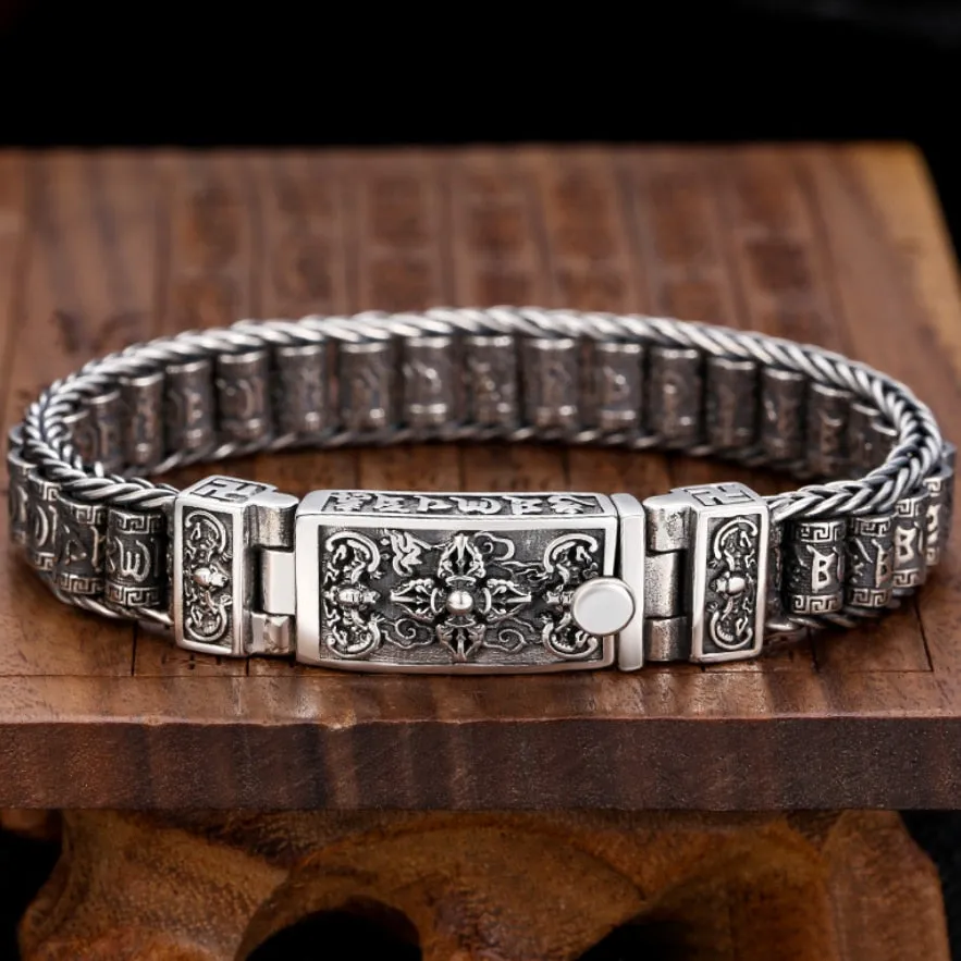 Original S925 Sterling Silver Vintage Six-character Tumbler Bracelet Men Women Thai silver Retro Exquisite Bucket Beads Bracelet Jewelry