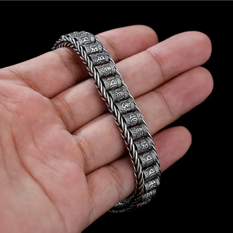 Original S925 Sterling Silver Vintage Six-character Tumbler Bracelet Men Women Thai silver Retro Exquisite Bucket Beads Bracelet Jewelry