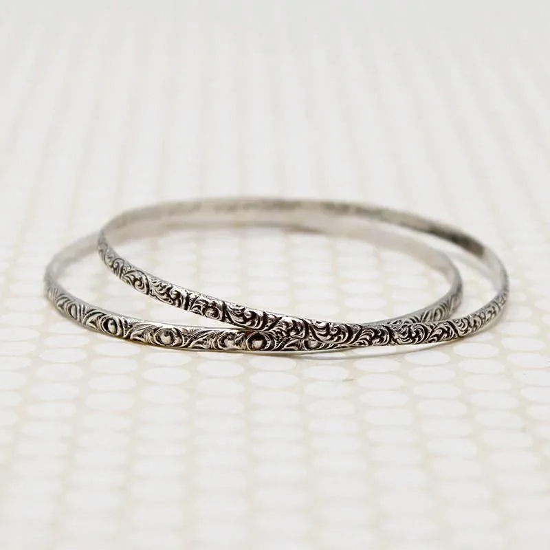 Pair of Slim Engraved Silver Bangles
