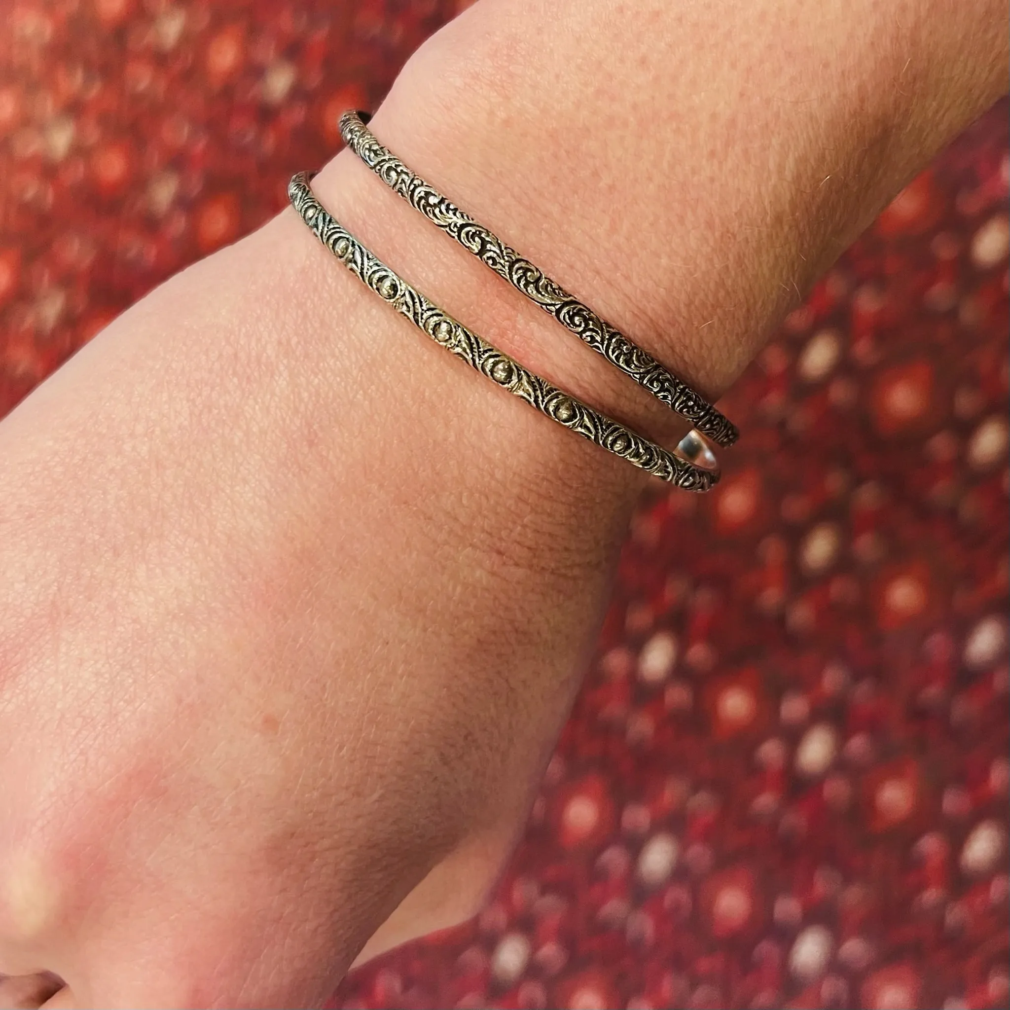 Pair of Slim Engraved Silver Bangles