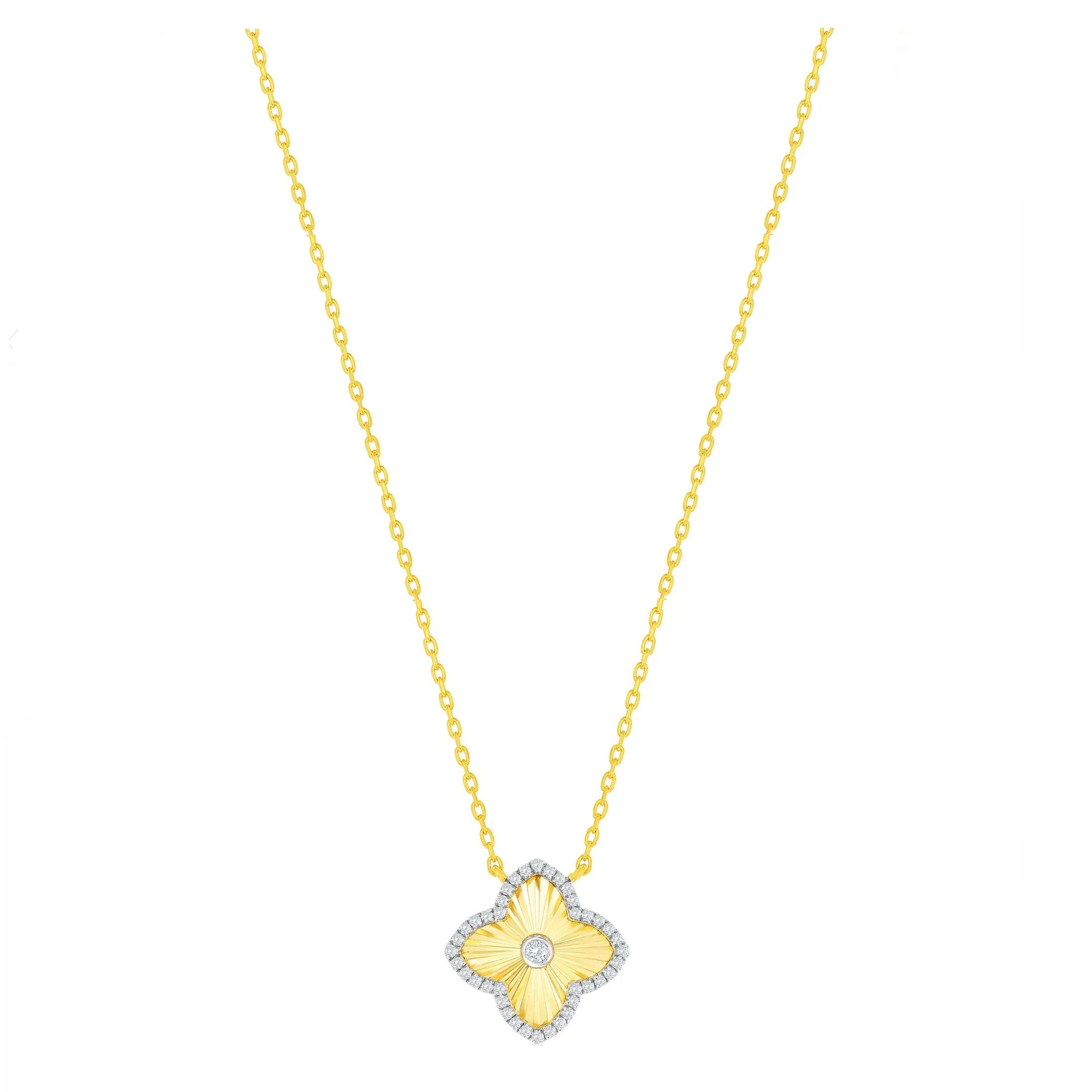 Pave CZ and Fluted Clover Pendant Necklace