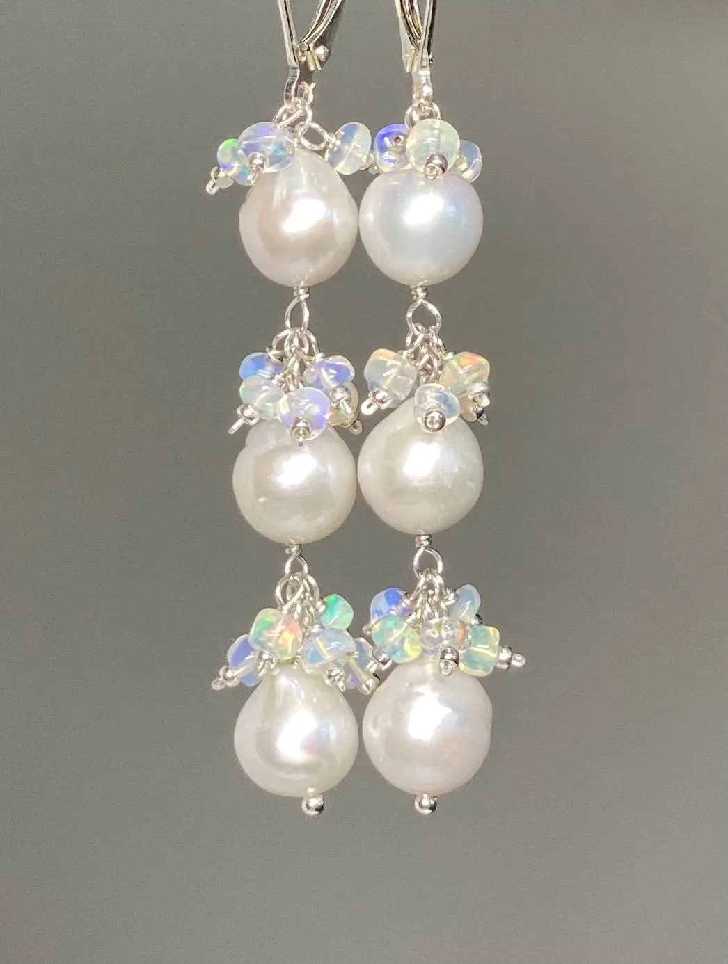 Pearl and Ethiopian Opal Long Dangle Earrings Sterling Silver