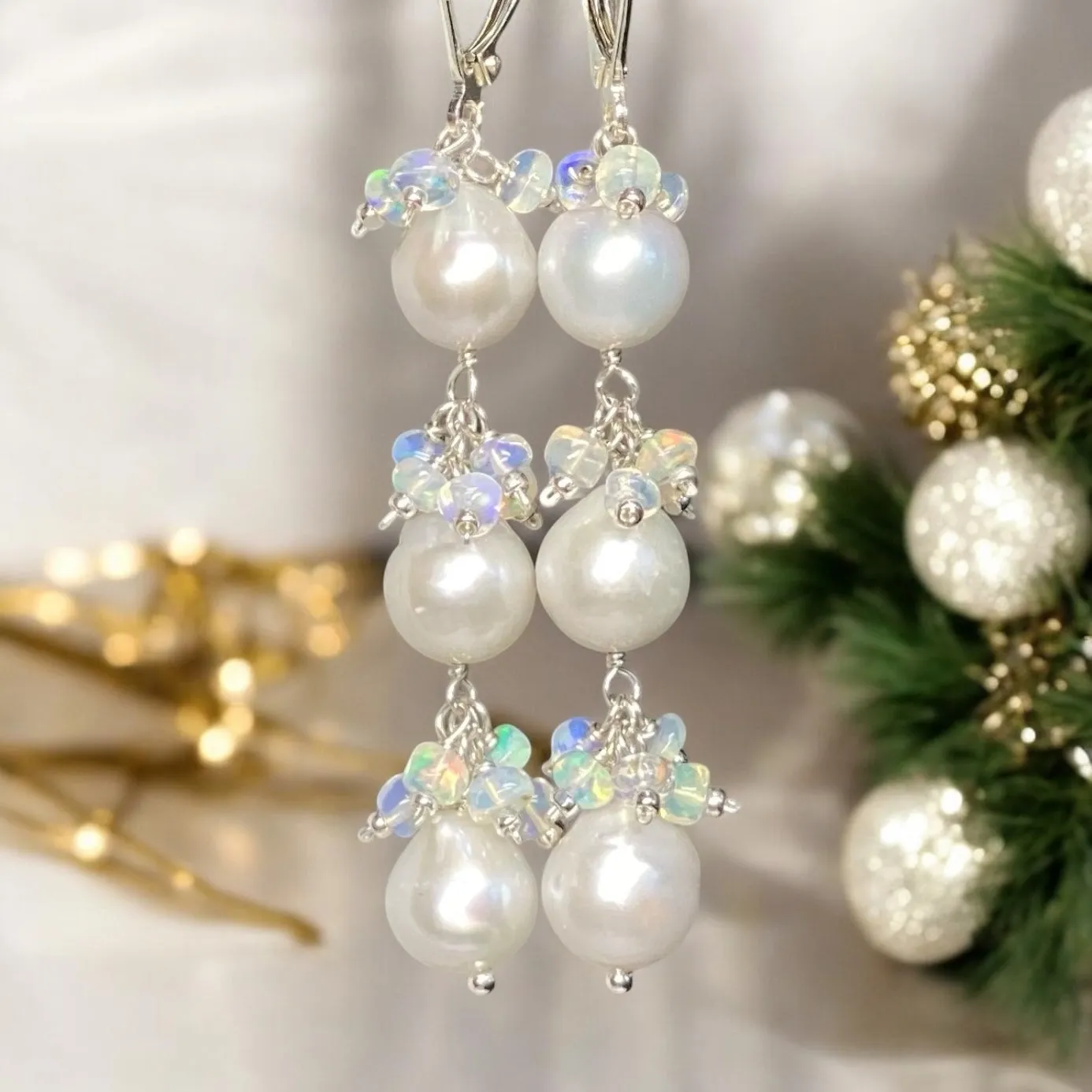 Pearl and Ethiopian Opal Long Dangle Earrings Sterling Silver