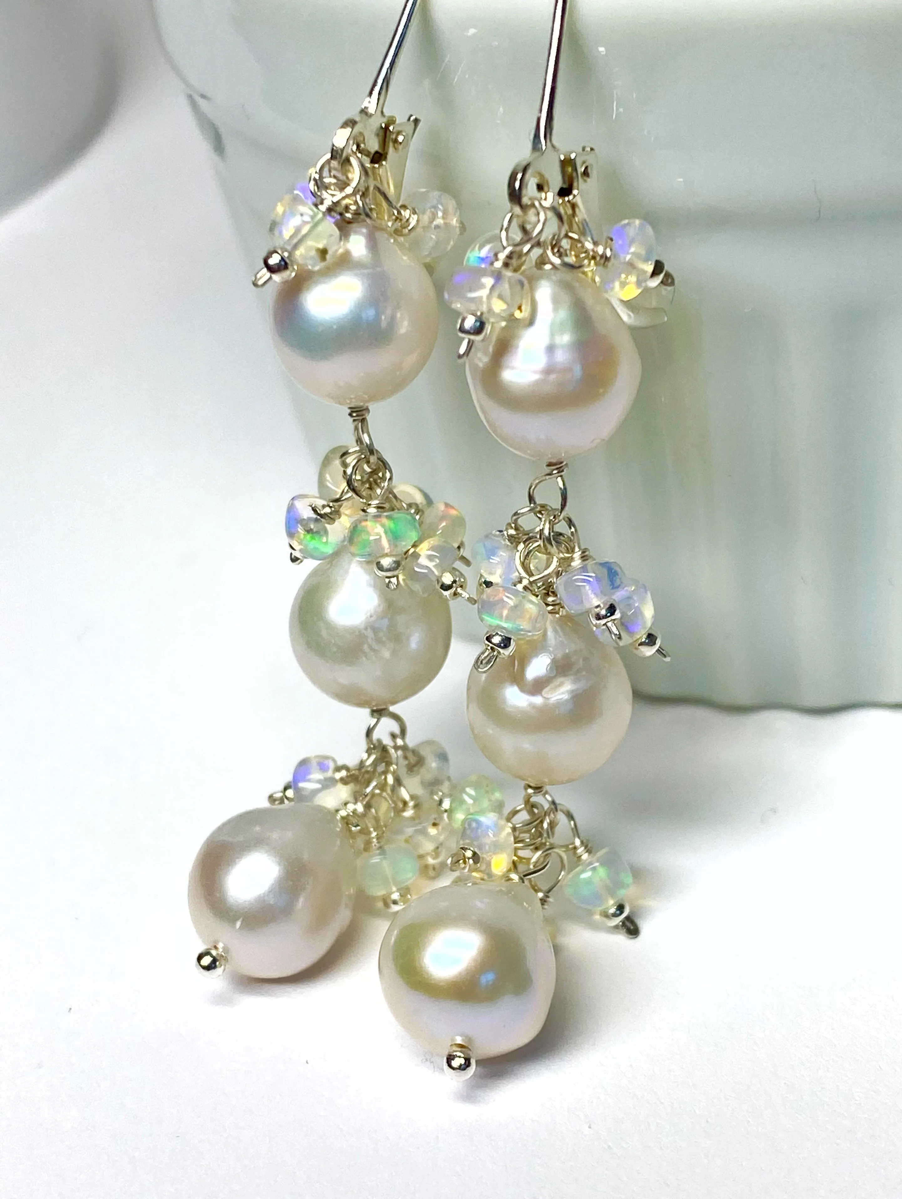Pearl and Ethiopian Opal Long Dangle Earrings Sterling Silver