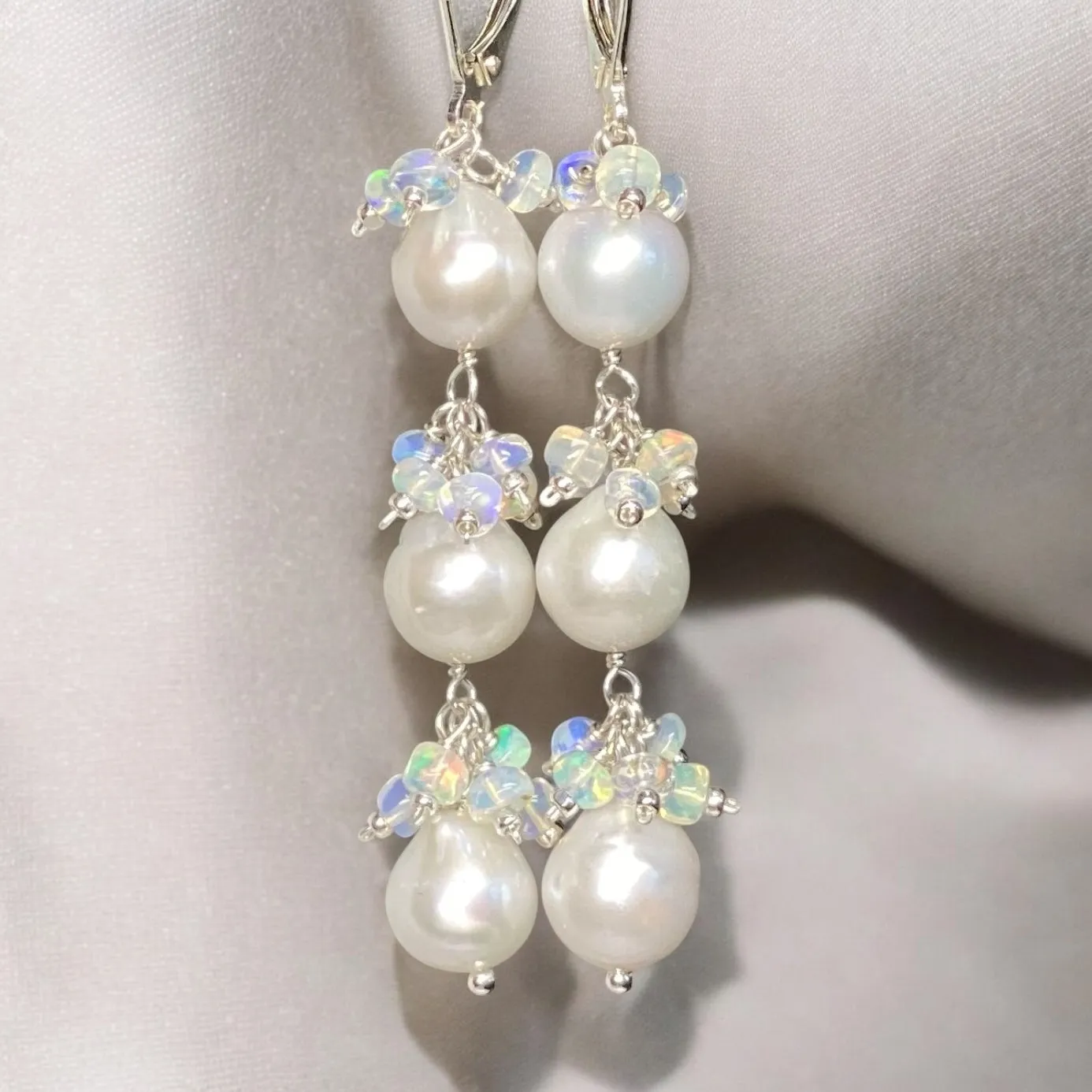 Pearl and Ethiopian Opal Long Dangle Earrings Sterling Silver