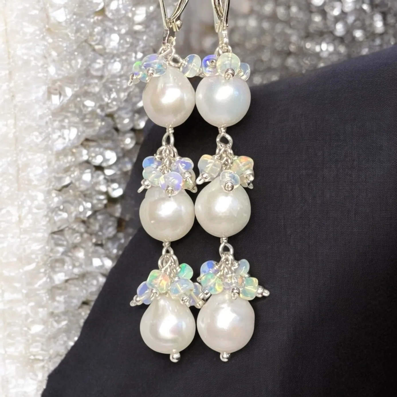 Pearl and Ethiopian Opal Long Dangle Earrings Sterling Silver