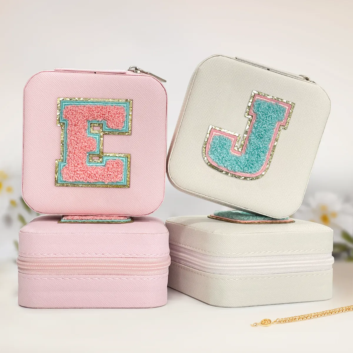 Personalized Jewelry Box, Pink Travel Jewelry Box with Initial E, Small Monogrammed Jewelry Case Organizer for Girls Women Teen Kids, Mini Travel Essentials Gifts for Birthday Christmas