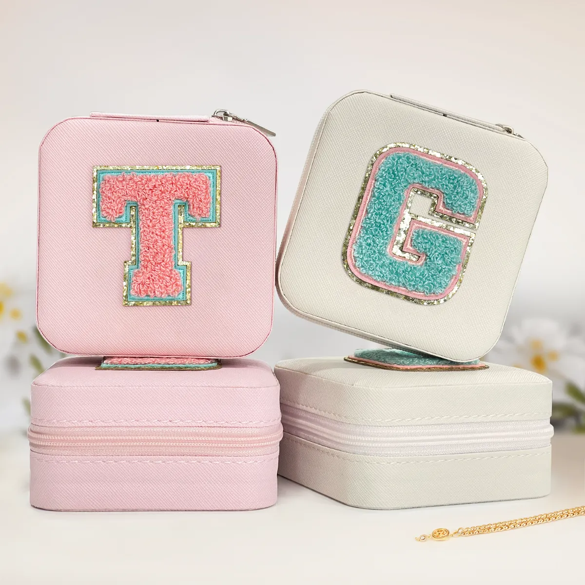 Personalized Jewelry Box, Pink Travel Jewelry Box with Initial G, Small Monogrammed Jewelry Case Organizer for Girls Women Teen Kids, Mini Travel Essentials Gifts for Birthday Christmas