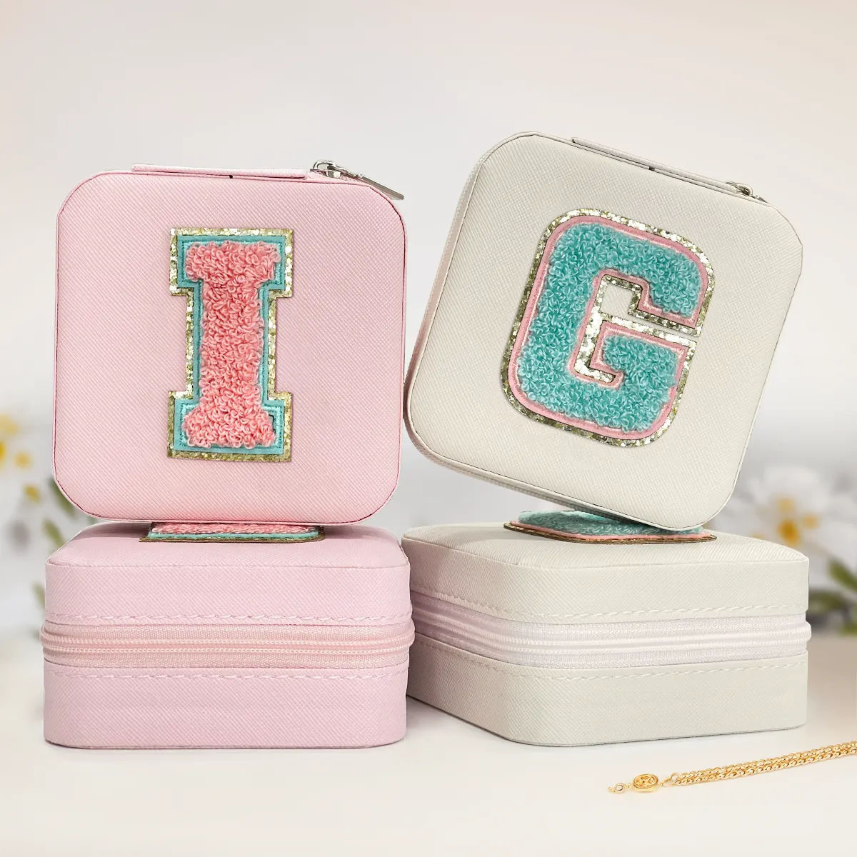 Personalized Jewelry Box, Pink Travel Jewelry Box with Initial I, Small Monogrammed Jewelry Case Organizer for Girls Women Teen Kids, Mini Travel Essentials Gifts for Birthday Christmas