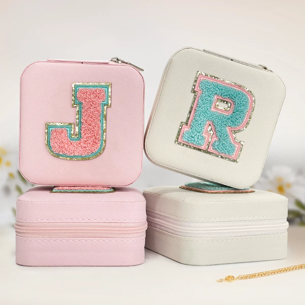 Personalized Jewelry Box, Pink Travel Jewelry Box with Initial J, Small Monogrammed Jewelry Case Organizer for Girls Women Teen Kids, Mini Travel Essentials Gifts for Birthday Christmas