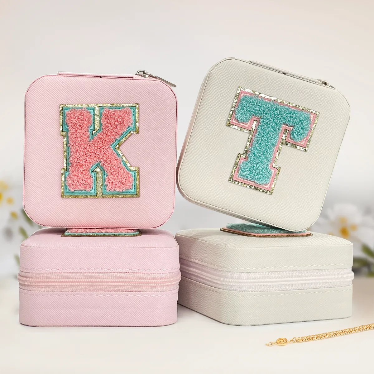 Personalized Jewelry Box, Pink Travel Jewelry Box with Initial K, Small Monogrammed Jewelry Case Organizer for Girls Women Teen Kids, Mini Travel Essentials Gifts for Birthday Christmas