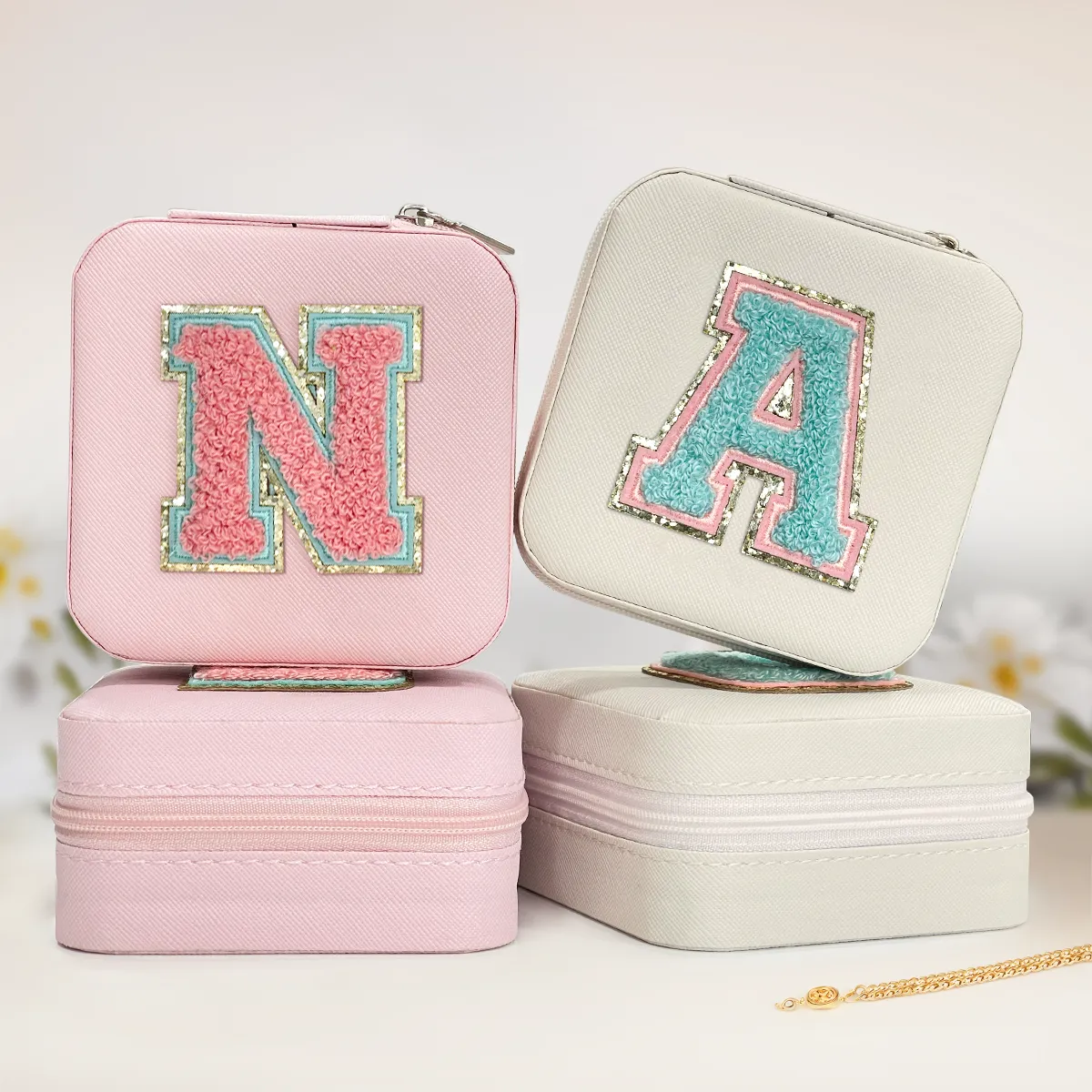Personalized Jewelry Box, Pink Travel Jewelry Box with Initial N, Small Monogrammed Jewelry Case Organizer for Girls Women Teen Kids, Mini Travel Essentials Gifts for Birthday Christmas