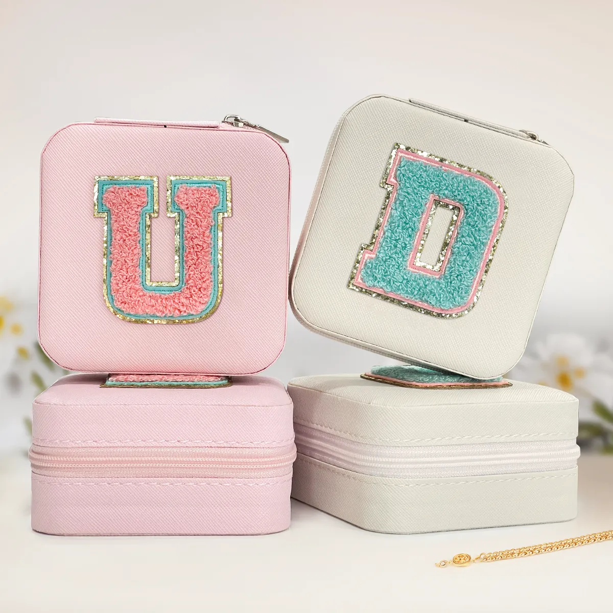 Personalized Jewelry Box, Pink Travel Jewelry Box with Initial U, Small Monogrammed Jewelry Case Organizer for Girls Women Teen Kids, Mini Travel Essentials Gifts for Birthday Christmas