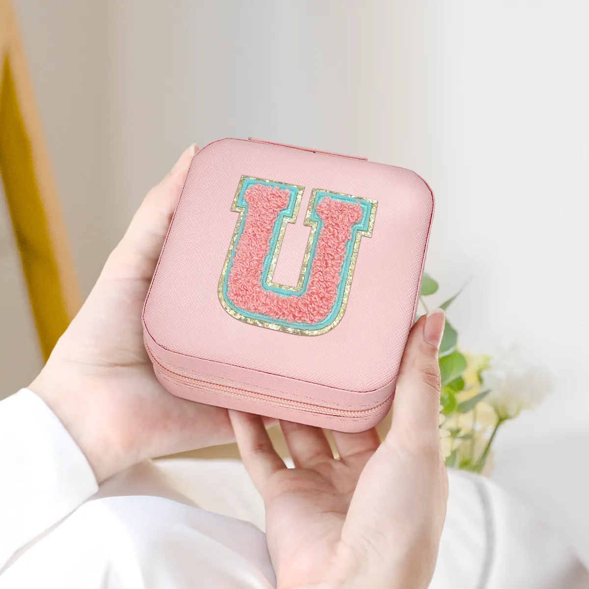 Personalized Jewelry Box, Pink Travel Jewelry Box with Initial U, Small Monogrammed Jewelry Case Organizer for Girls Women Teen Kids, Mini Travel Essentials Gifts for Birthday Christmas