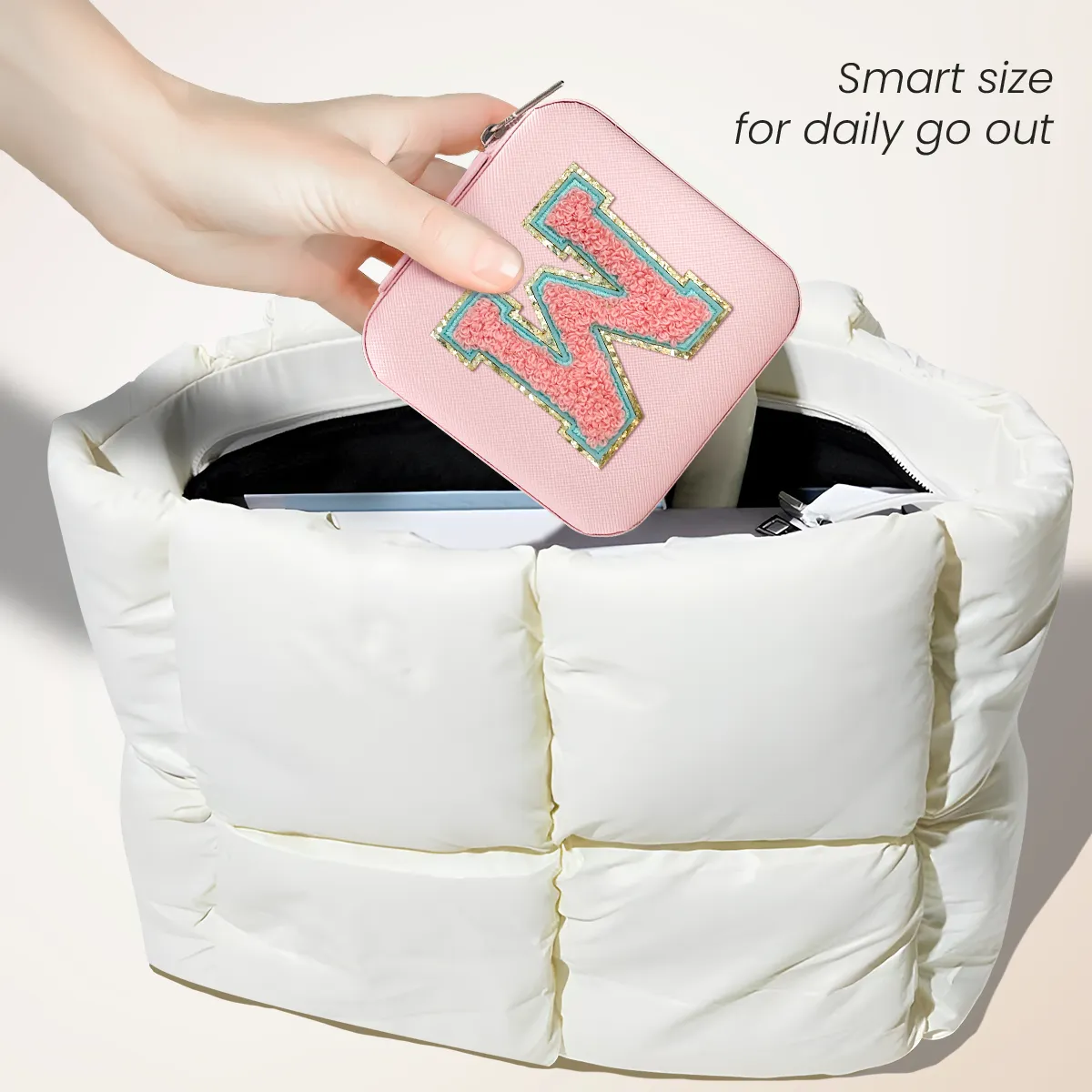 Personalized Jewelry Box, Pink Travel Jewelry Box with Initial W, Small Monogrammed Jewelry Case Organizer for Girls Women Teen  Kids, Mini Travel Essentials Gifts for Birthday Christmas
