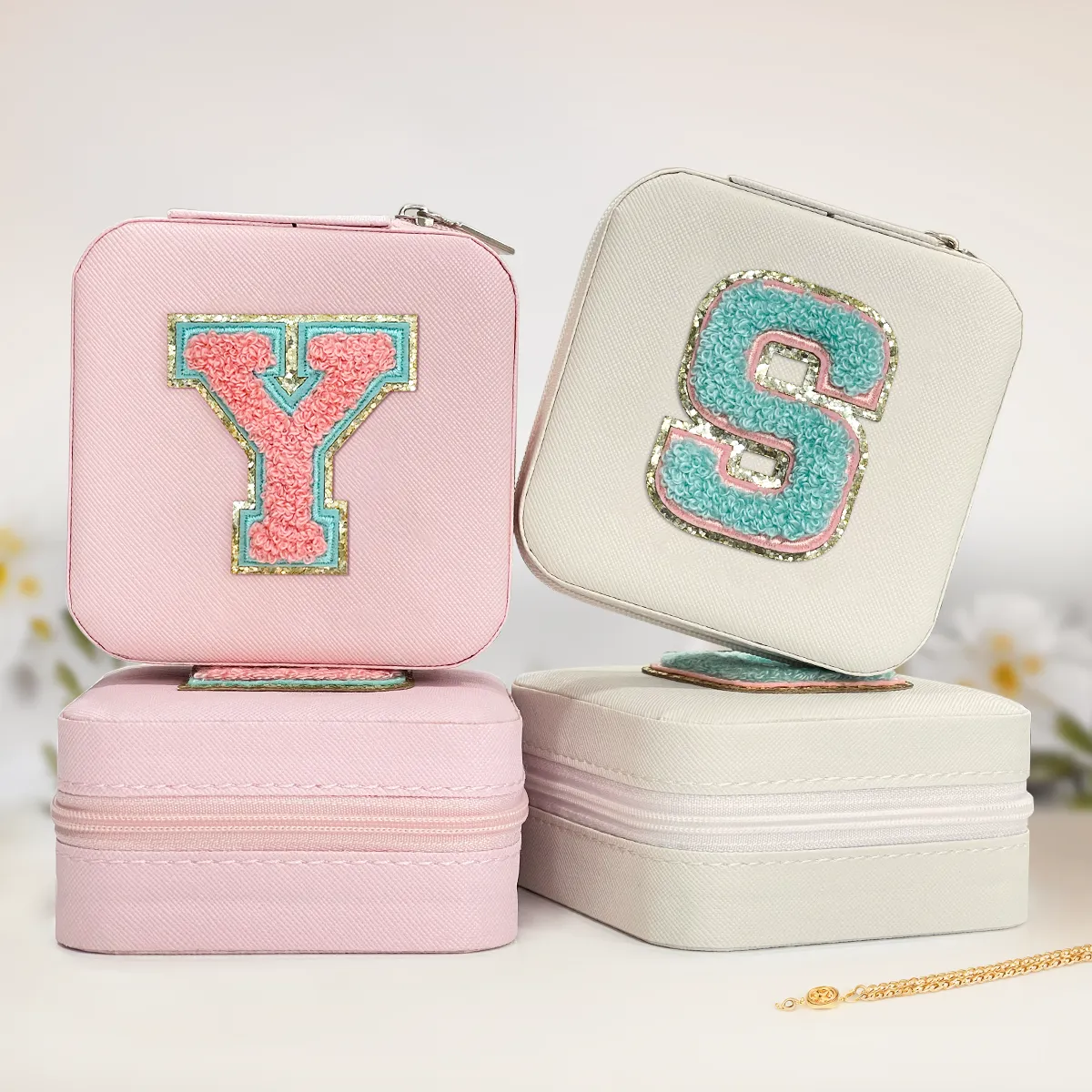 Personalized Jewelry Box, Pink Travel Jewelry Box with Initial Y, Small Monogrammed Jewelry Case Organizer for Girls Women Teen Kids, Mini Travel Essentials Gifts for Birthday Christmas